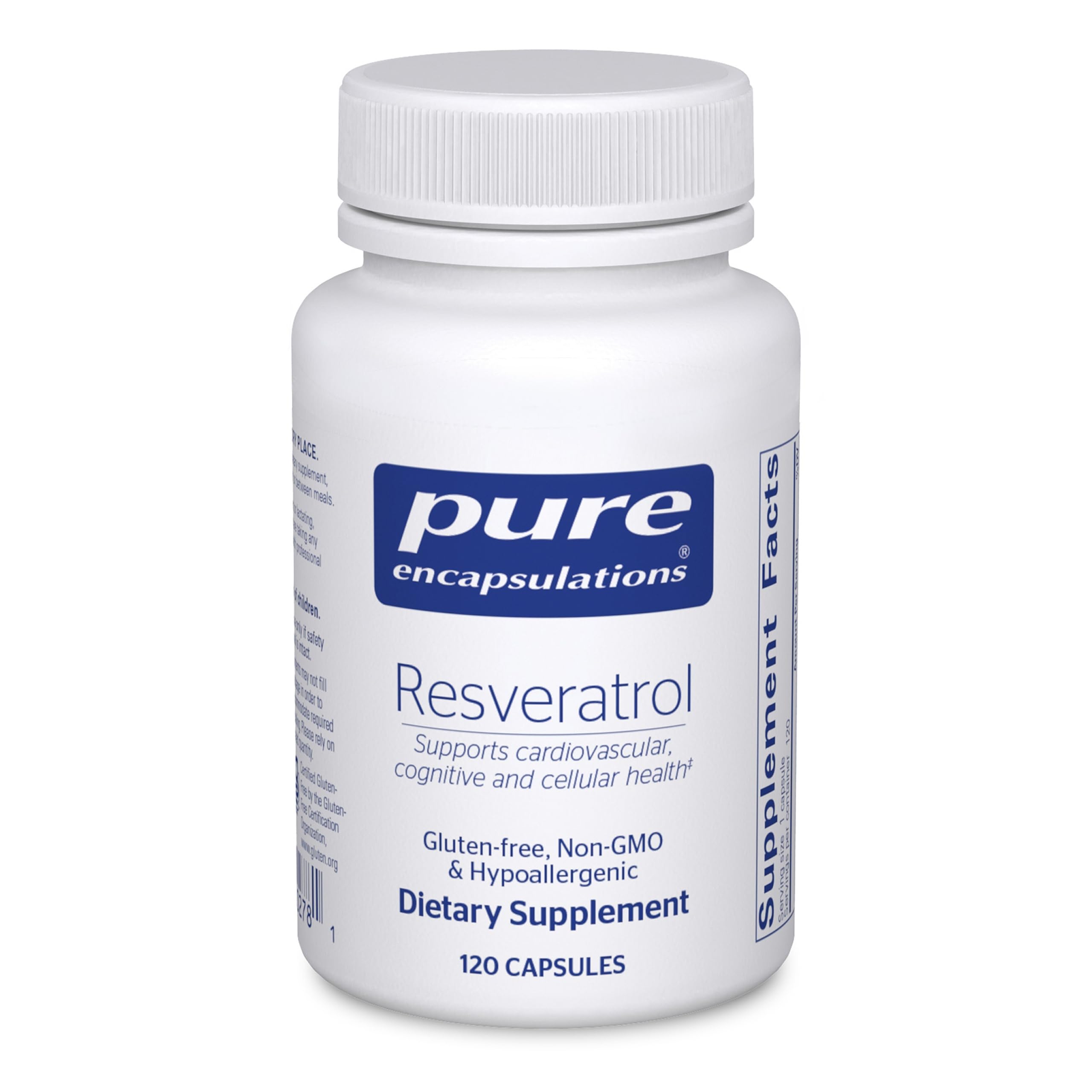 Pure Encapsulations Resveratrol bottle label shows 40 mg trans-resveratrol for antioxidant support.