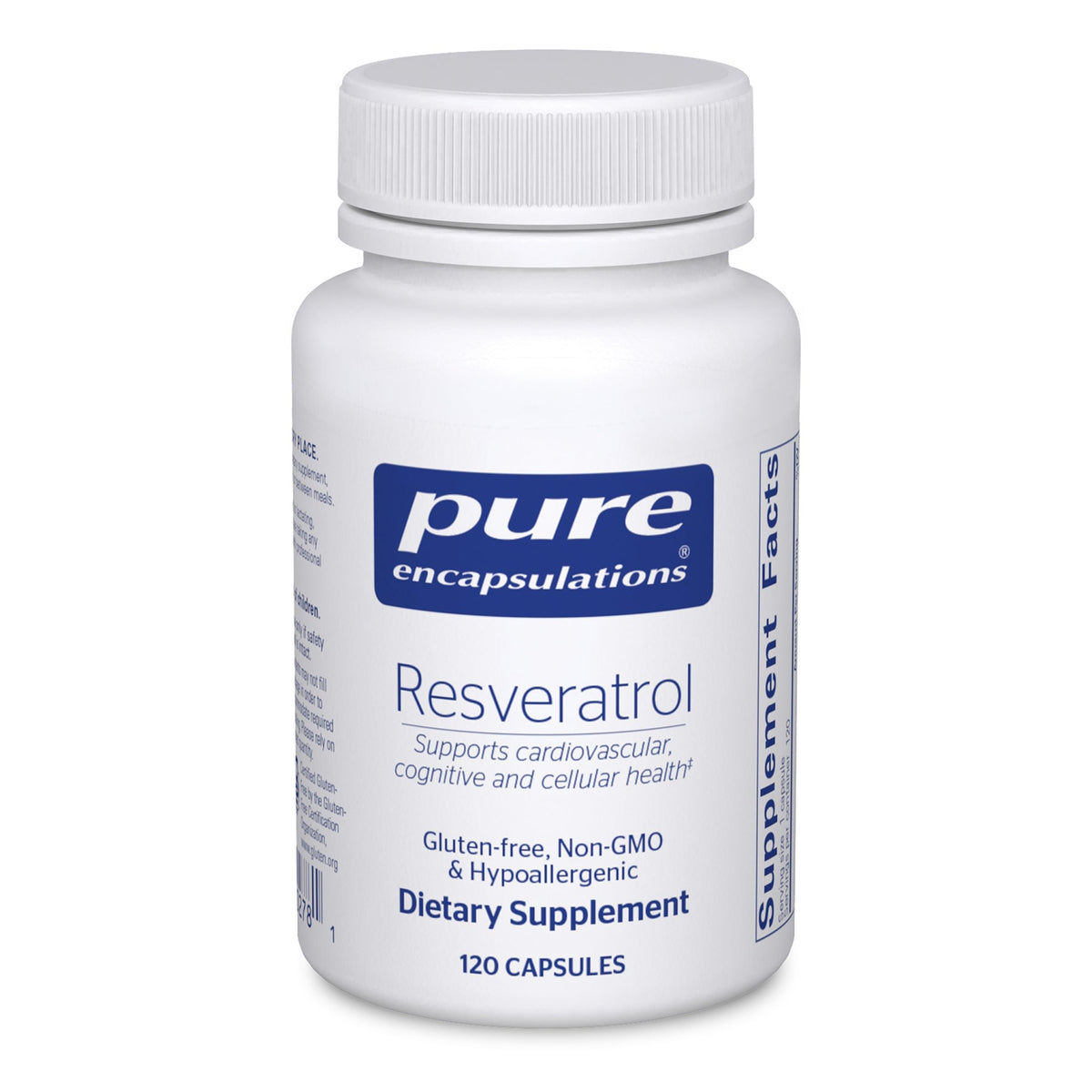 Pure Encapsulations Resveratrol bottle label shows 40 mg trans-resveratrol for antioxidant support.