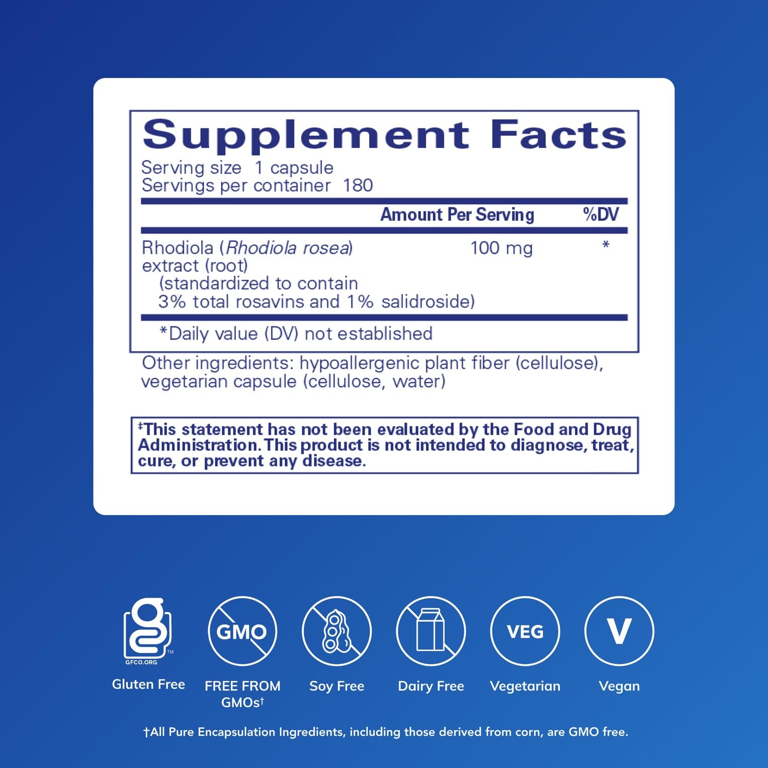 Pure Encapsulations Rhodiola Rosea capsules on a tray for fatigue relief and focus