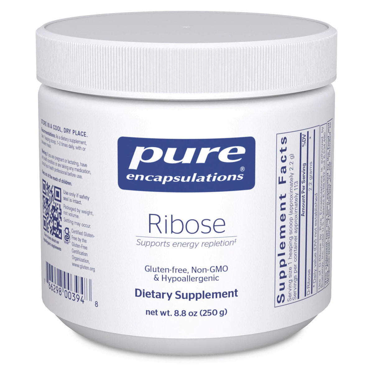 Pure Encapsulations Ribose bottle on white, showcasing convenient pre/post workout energy support.