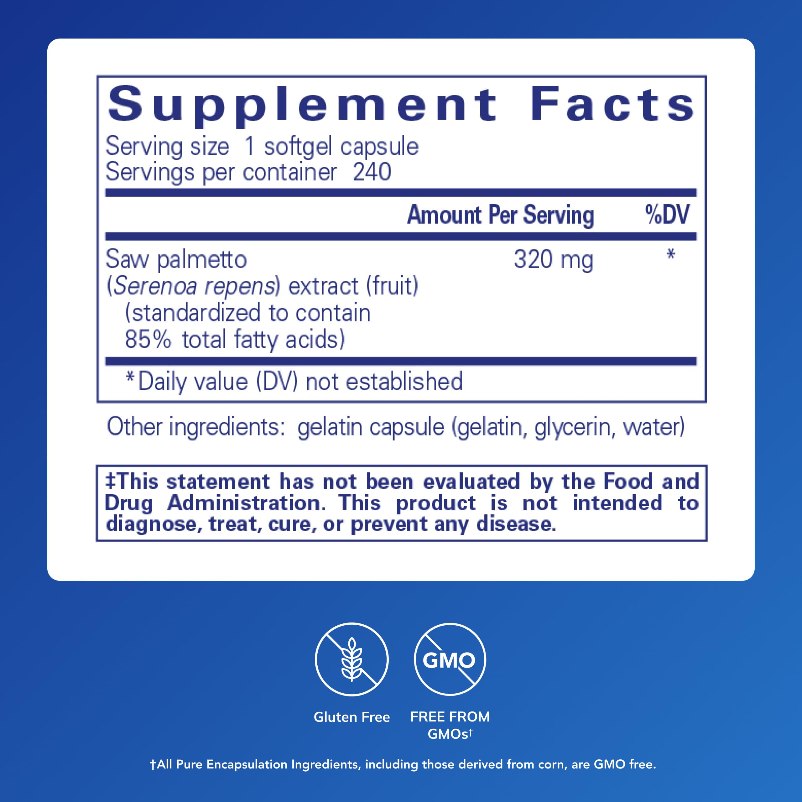 Pure Encapsulations Saw Palmetto 320 softgels in blister pack ready for daily use