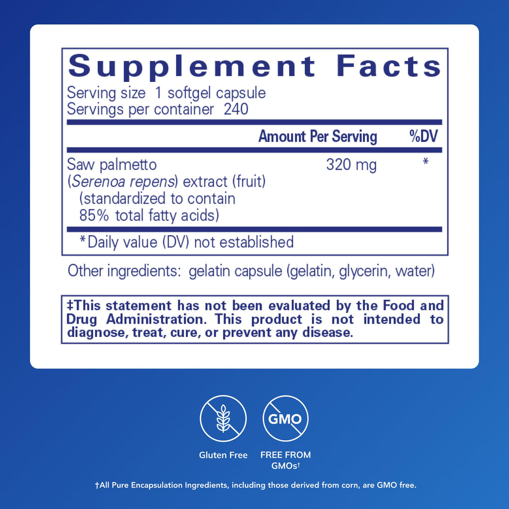 Pure Encapsulations Saw Palmetto 320 softgels in blister pack ready for daily use