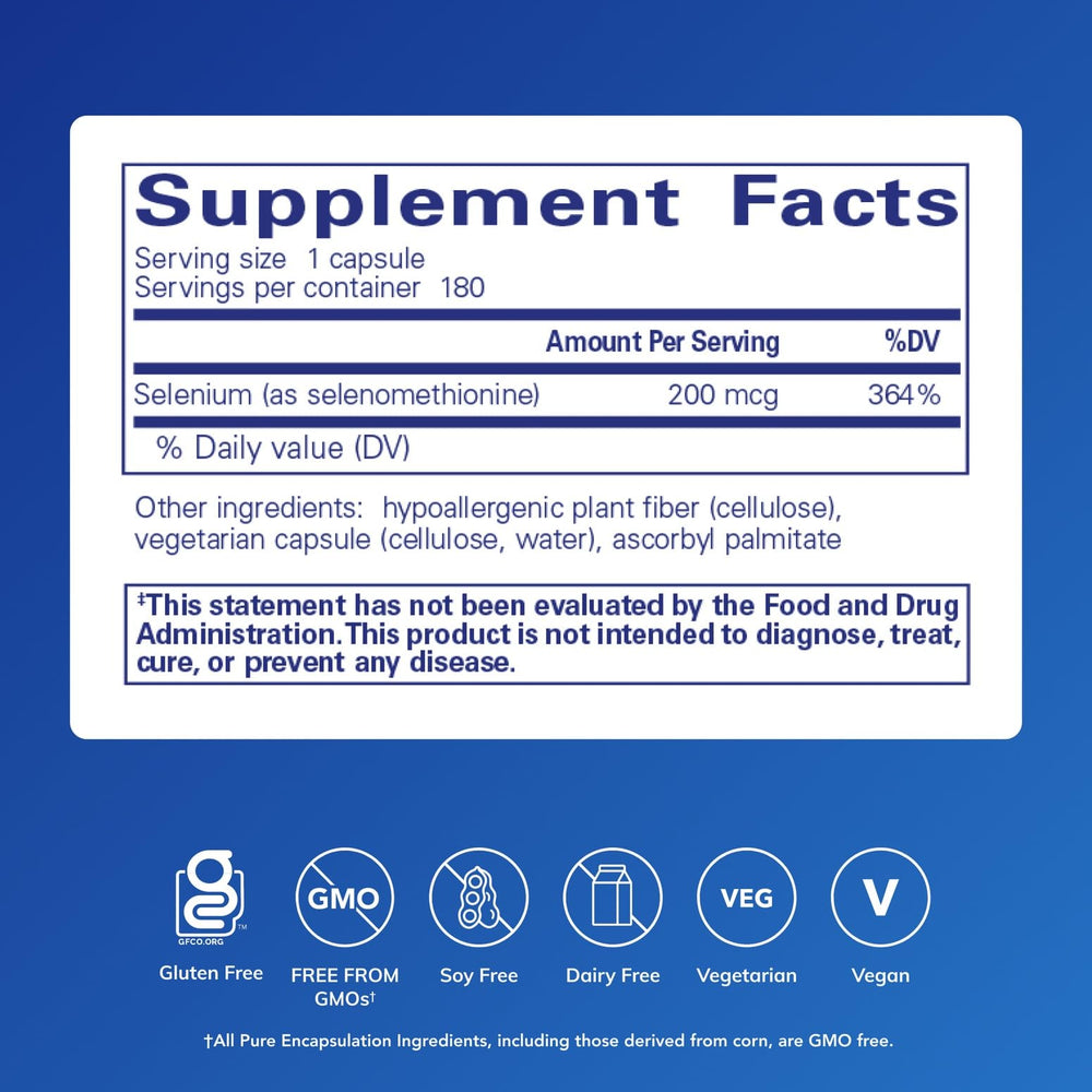 Pure Encapsulations Selenium label highlights 200 mcg per capsule and gluten-free formula