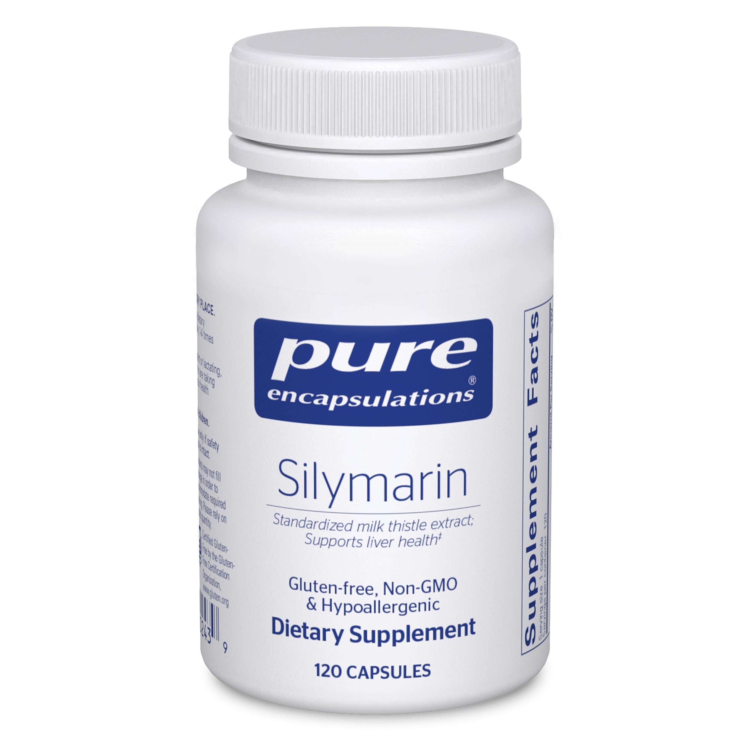 Pure Encapsulations Silymarin bottle highlights a liver-support supplement for daily use.