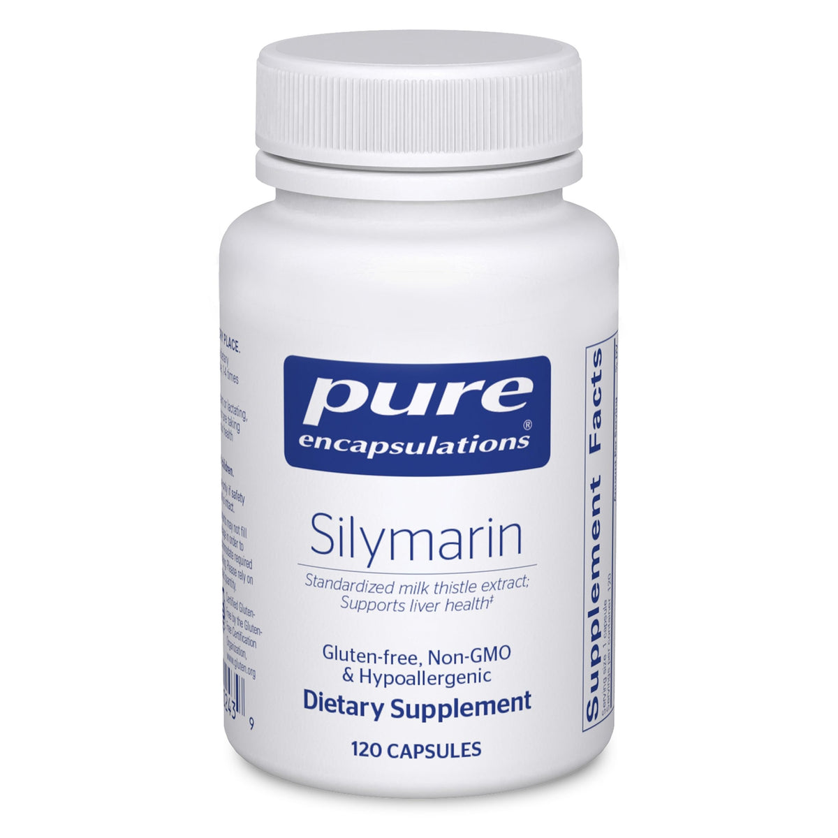 Pure Encapsulations Silymarin bottle highlights a liver-support supplement for daily use.