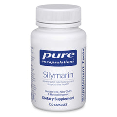 Pure Encapsulations Silymarin bottle highlights a liver-support supplement for daily use.