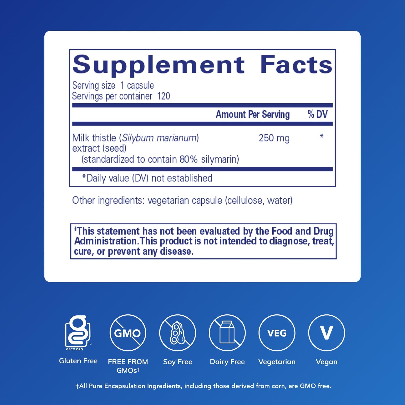 Pure Encapsulations Silymarin label close-up shows vegan, non-GMO ingredients.