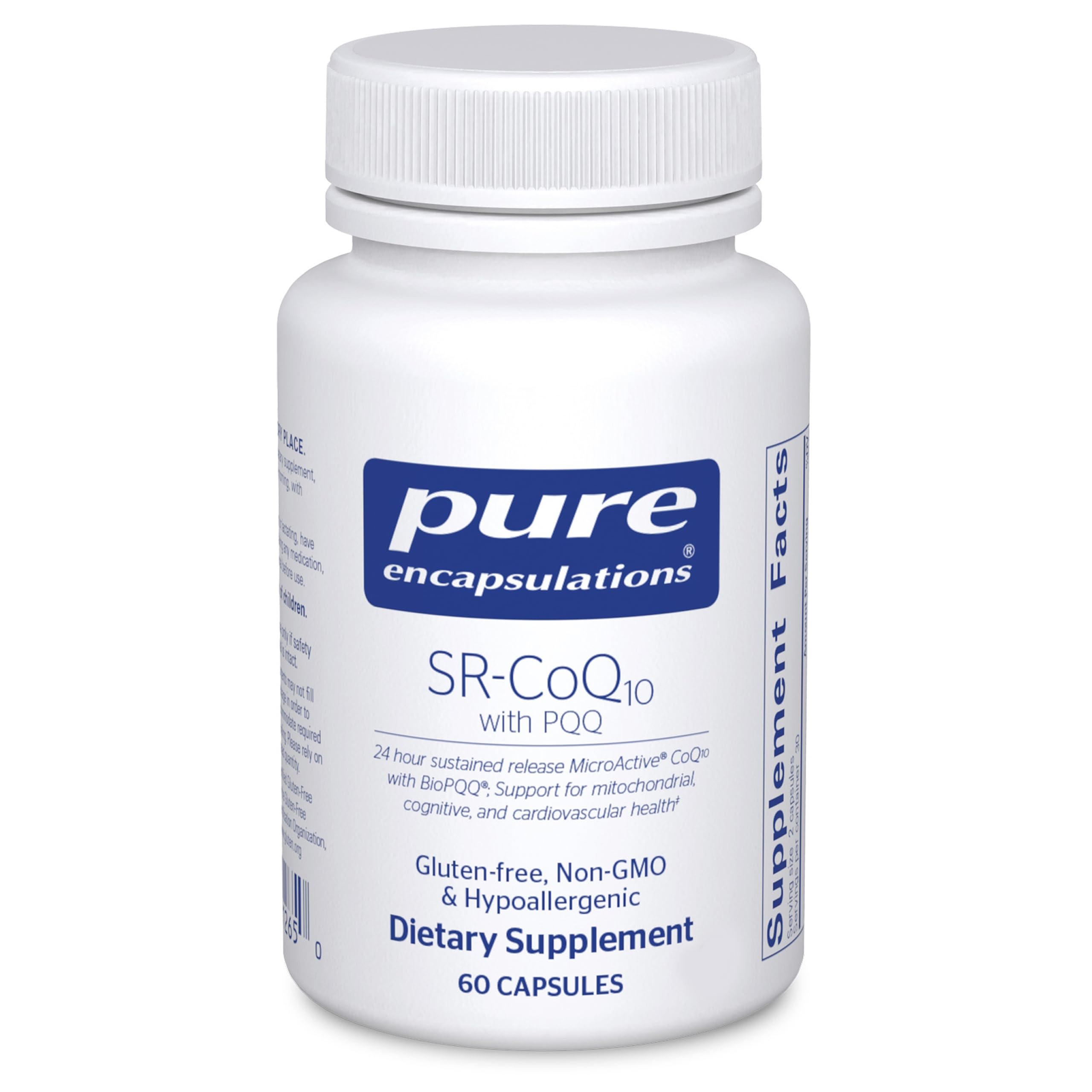 Pure Encapsulations SR-CoQ10 with PQQ bottle showing sustained-release capsules for daily wellness