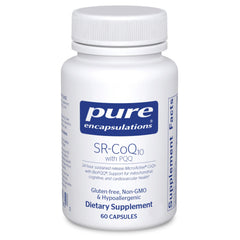 Pure Encapsulations SR-CoQ10 with PQQ bottle showing sustained-release capsules for daily wellness
