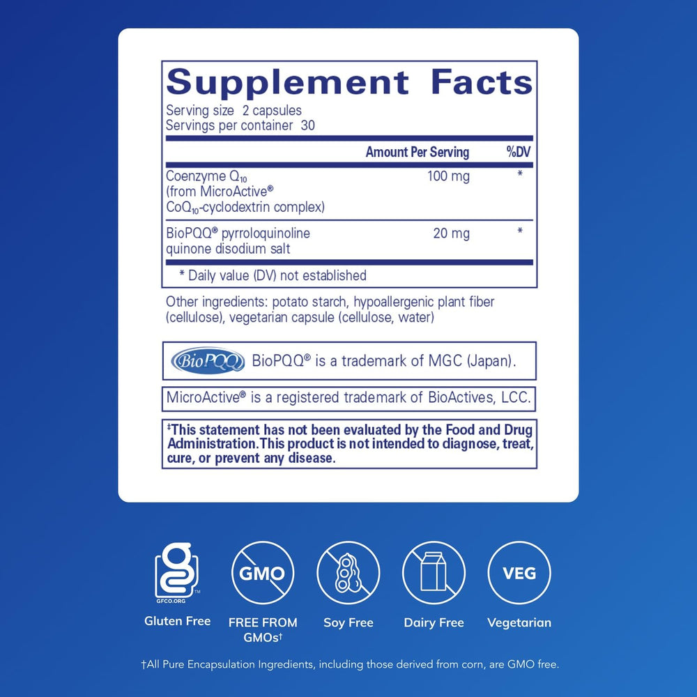 Close-up of Pure Encapsulations SR-CoQ10 with PQQ capsules for heart-supporting nutrition