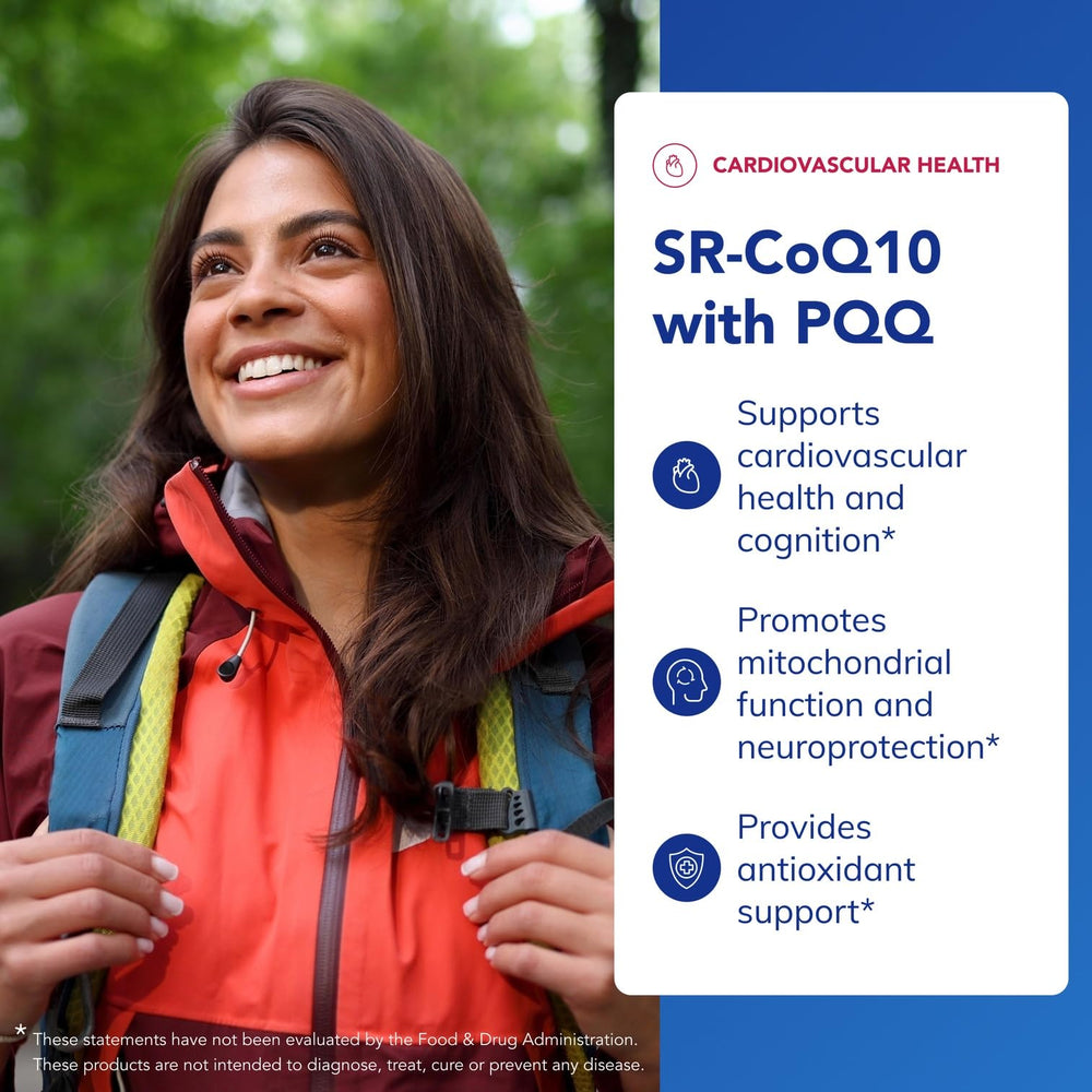 Pure Encapsulations SR-CoQ10 with PQQ label highlighting gluten-free and non-GMO features