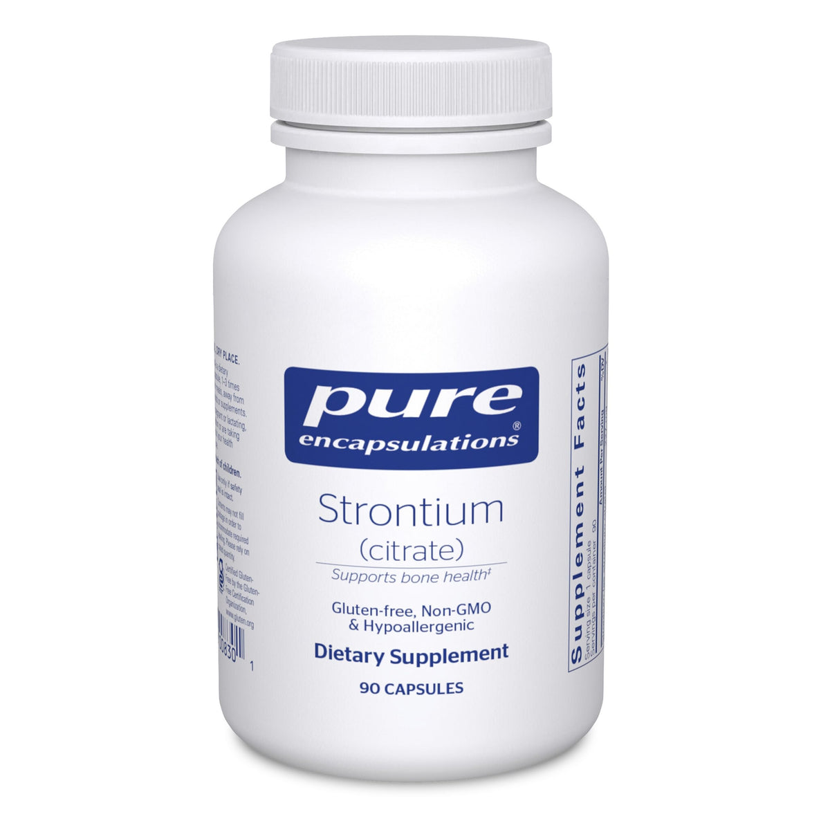Pure Encapsulations Strontium Citrate bottle front, highlighting hypoallergenic bone support.