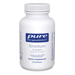 Pure Encapsulations Strontium Citrate bottle front, highlighting hypoallergenic bone support.