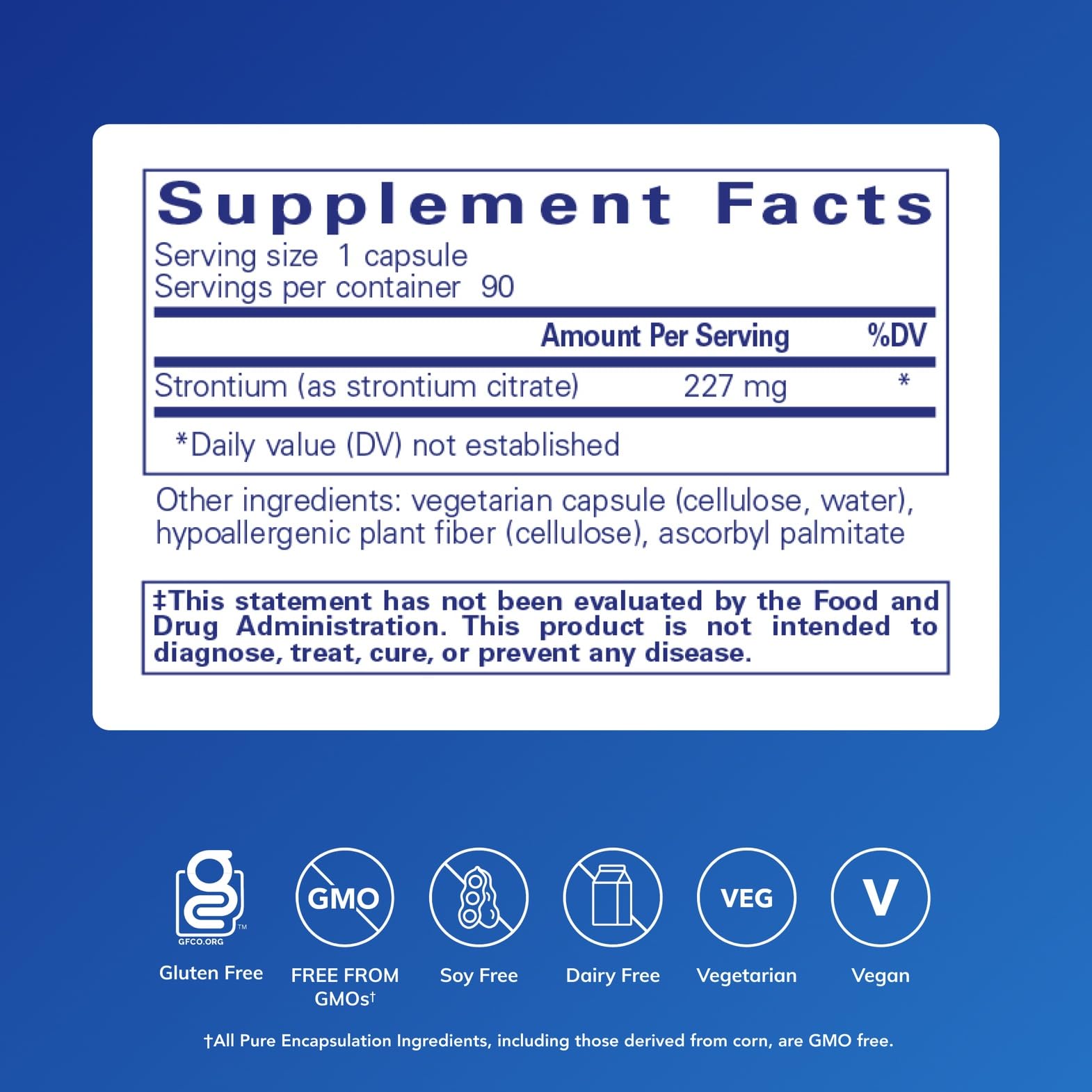 Pure Encapsulations Strontium Citrate bottle label detailing ingredients and purity.