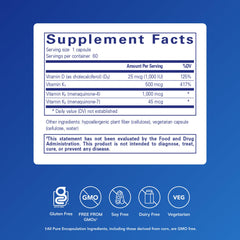 Synergy K bottle with dosage information highlighting vitamin D3 benefits for bones.