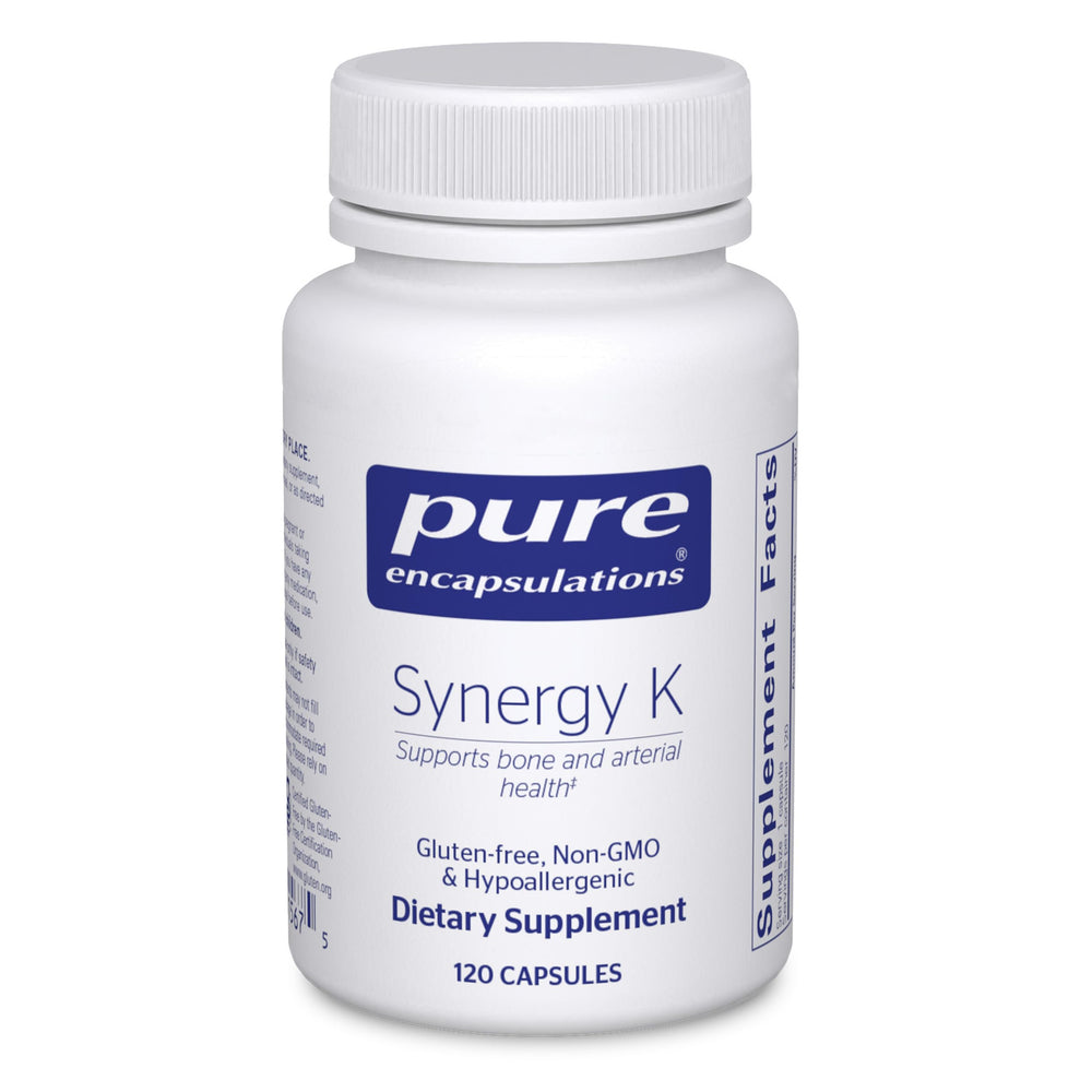 Pure Encapsulations Synergy K bottle for daily bone support and supplement routine.