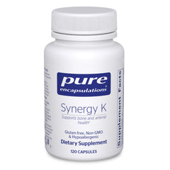 Pure Encapsulations Synergy K bottle for daily bone support and supplement routine.