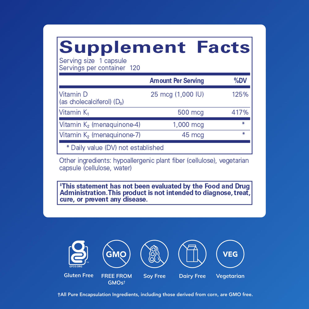 Pure Encapsulations Synergy K capsules ready for calcium metabolism and vascular health.