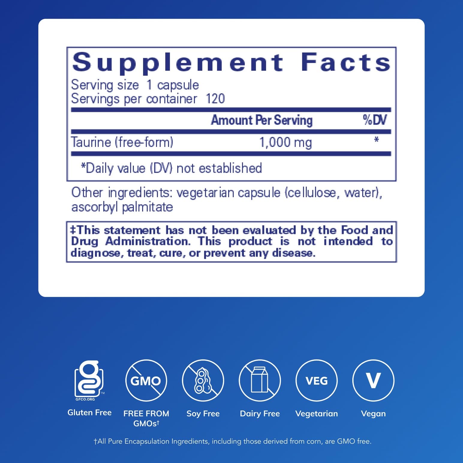 Pure Encapsulations Taurine bottle label; clear dosage supports convenient daily use.