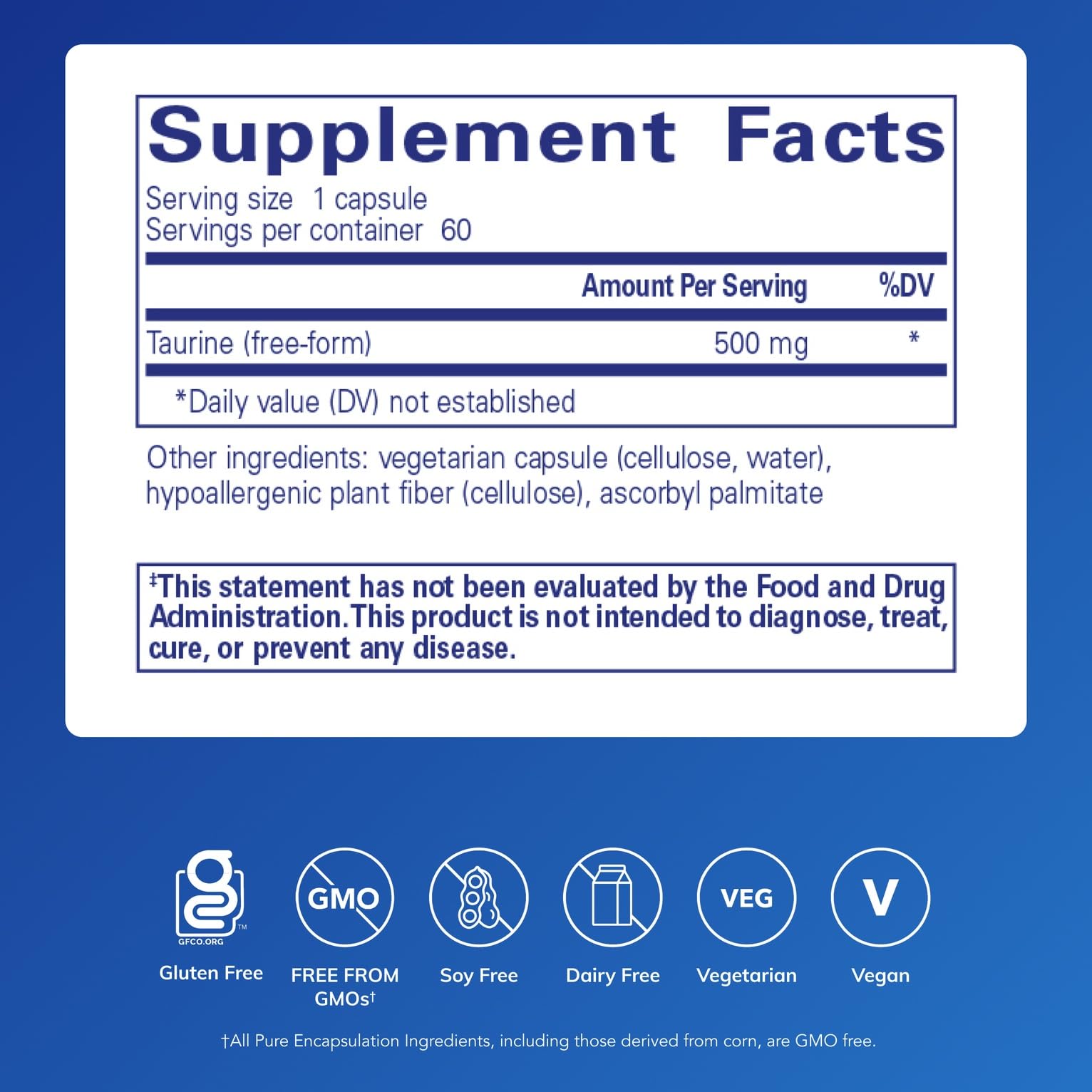Pure Encapsulations Taurine 500 mg label close-up shows purity and potency