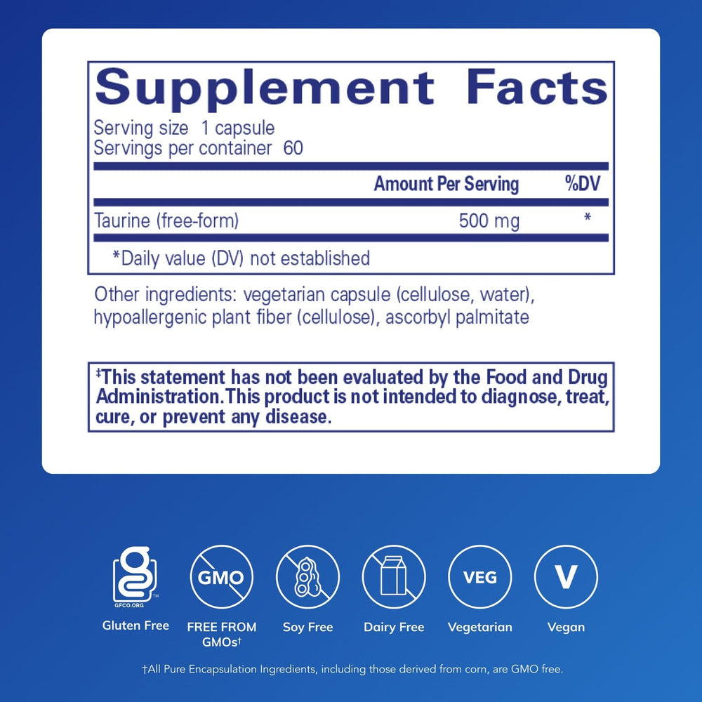 Pure Encapsulations Taurine 500 mg label close-up shows purity and potency