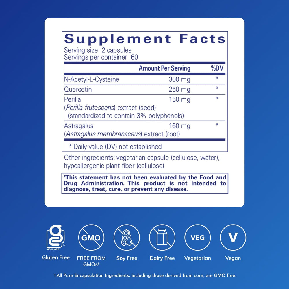 Pure Encapsulations Th2 Modulator close-up label shows NAC and quercetin for immune support.