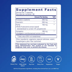 Pure Encapsulations Th2 Modulator close-up label shows NAC and quercetin for immune support.