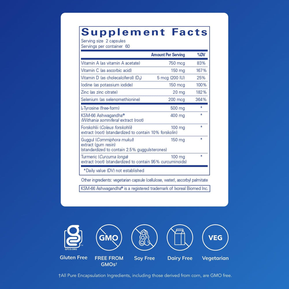 Closeup of Pure Encapsulations Thyroid Support capsules for consistent daily use