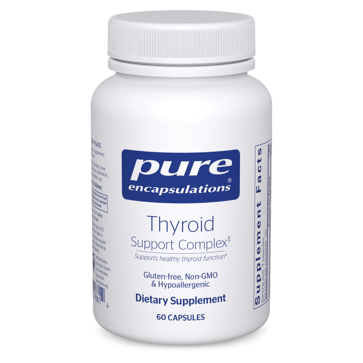 Pure Encapsulations Thyroid Support Complex bottle front view for convenient daily thyroid nourishment.