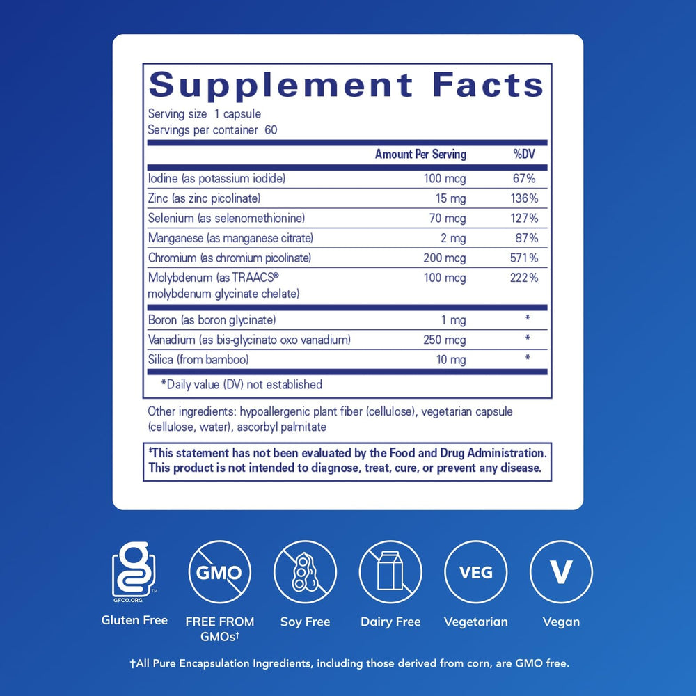Pure Encapsulations Trace Minerals label highlights the ingredient list for bioavailable micronutrients.
