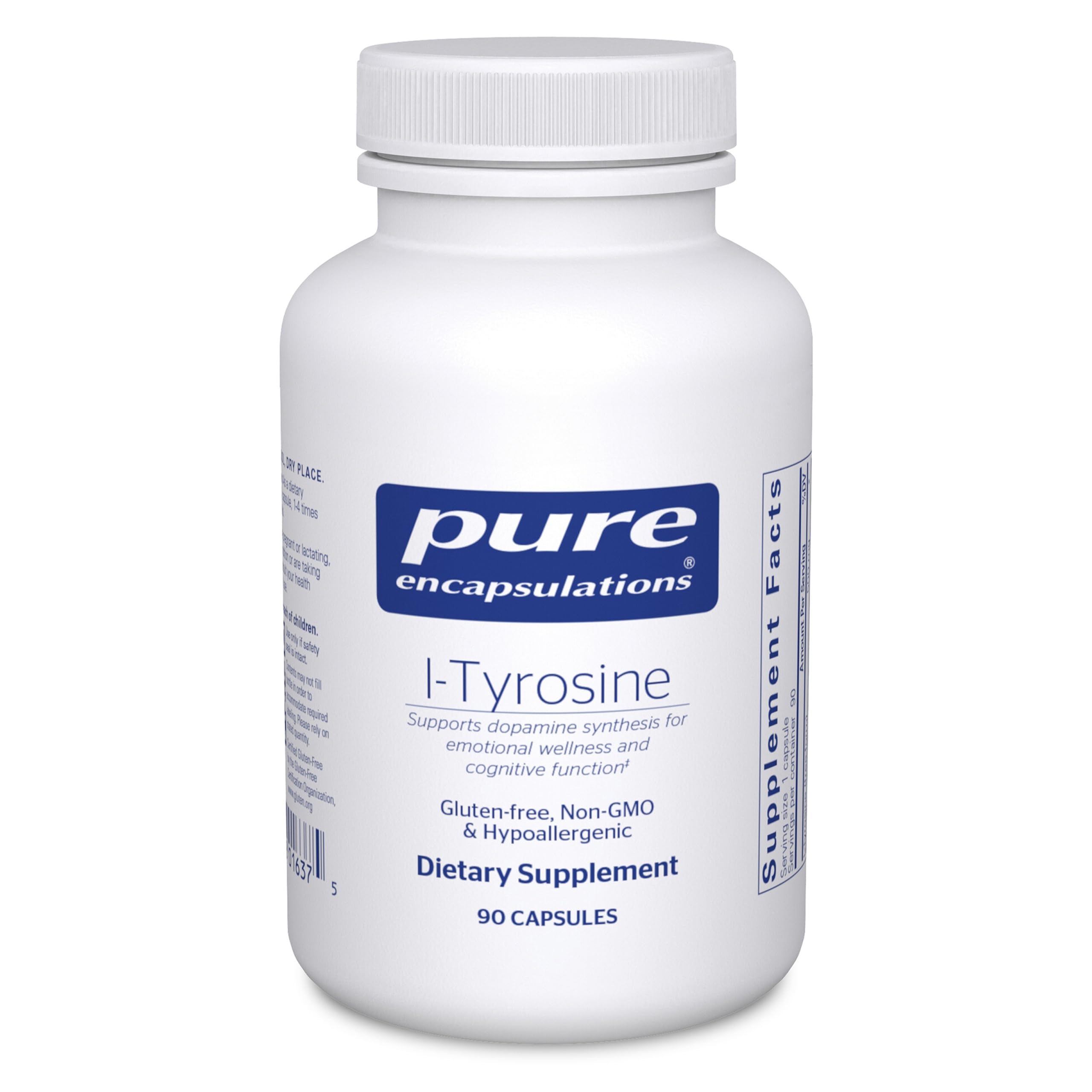 Pure Encapsulations L-Tyrosine bottle front supports brain health with a high-concentration formula.