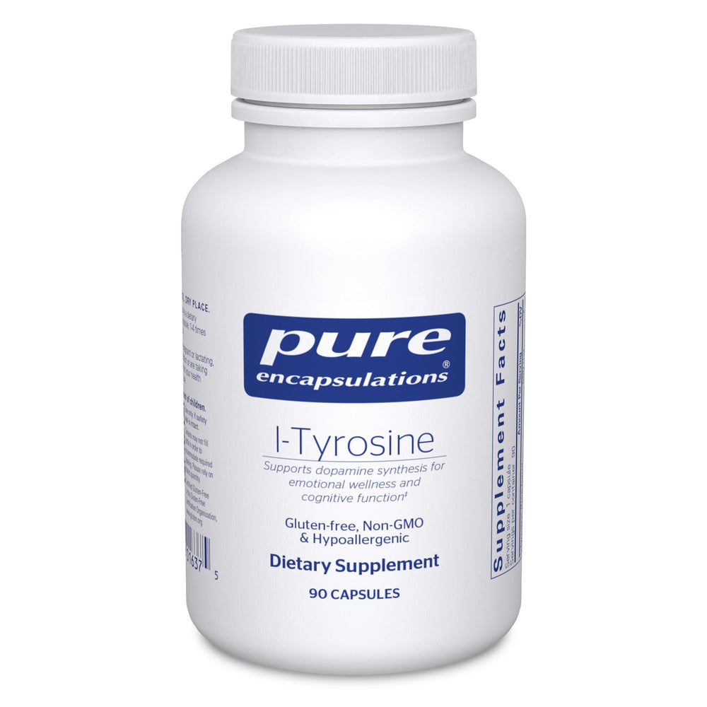 Pure Encapsulations L-Tyrosine bottle front supports brain health with a high-concentration formula.