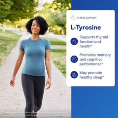 Pure Encapsulations L-Tyrosine bottle on shelf signals vegan and non-GMO formulation.