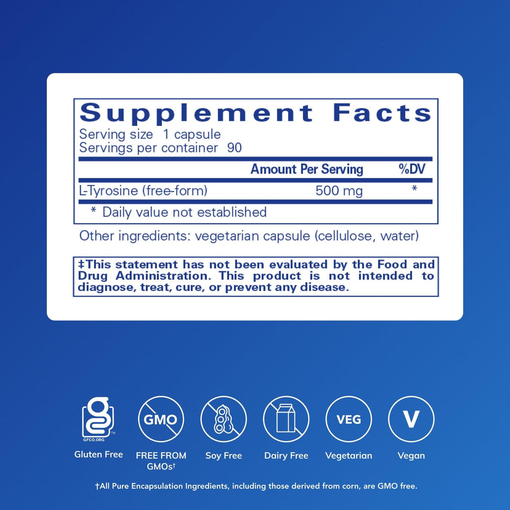 Pure Encapsulations L-Tyrosine capsules closeup highlights 500 mg free-form tyrosine for memory support.