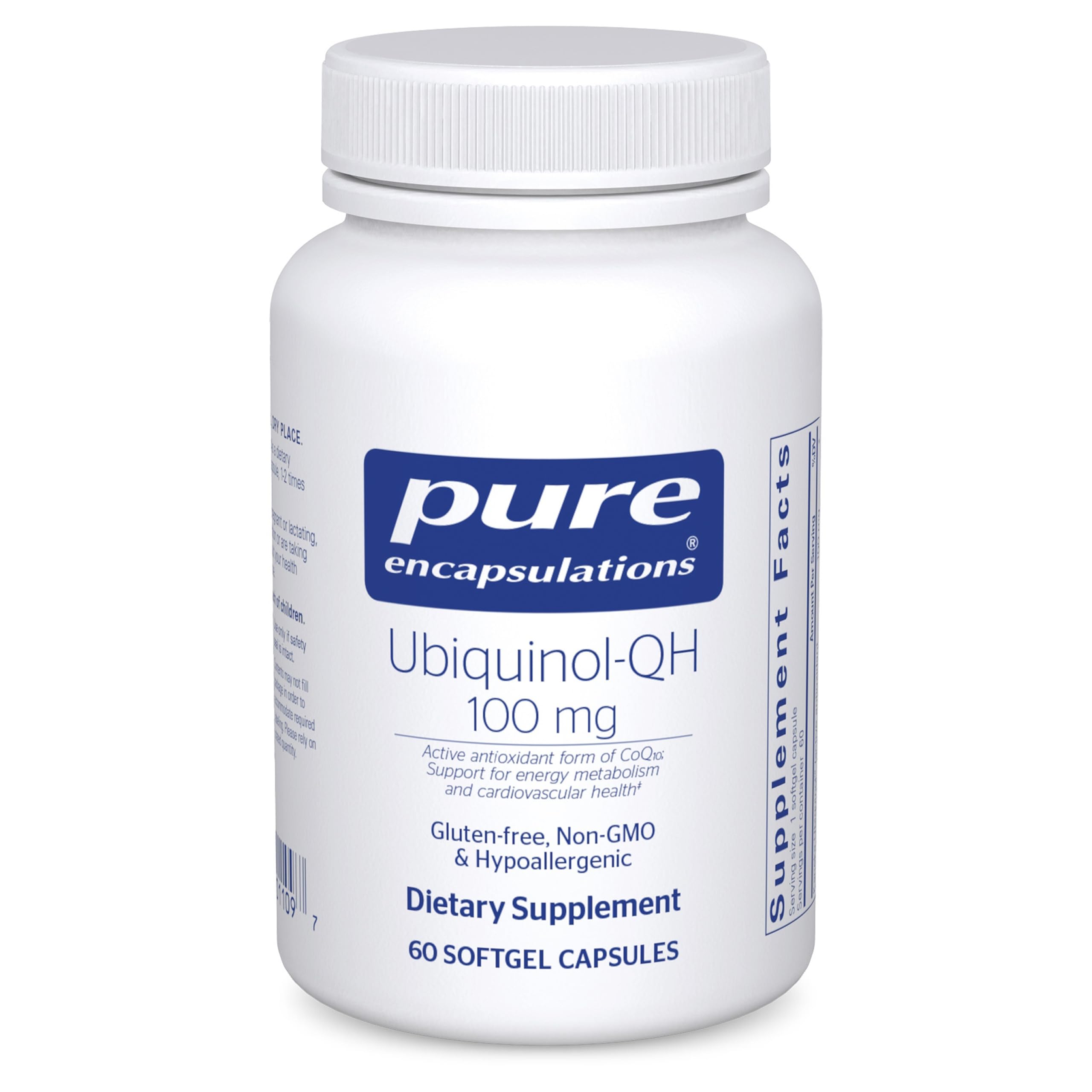 Pure Encapsulations Ubiquinol-QH softgel bottle showing 60 capsules for energy metabolism support.