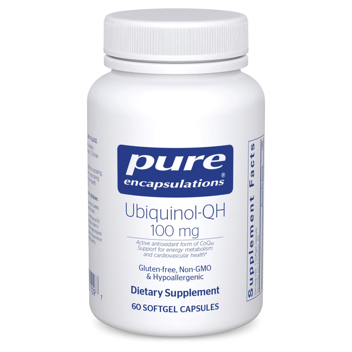 Pure Encapsulations Ubiquinol-QH softgel bottle showing 60 capsules for energy metabolism support.