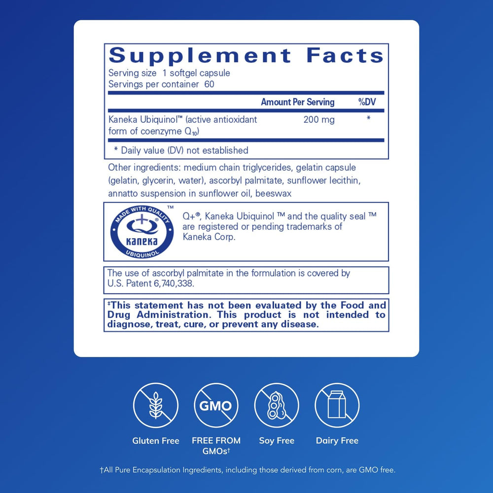 Pure Encapsulations Ubiquinol-QH softgel capsules for daily energy metabolism.