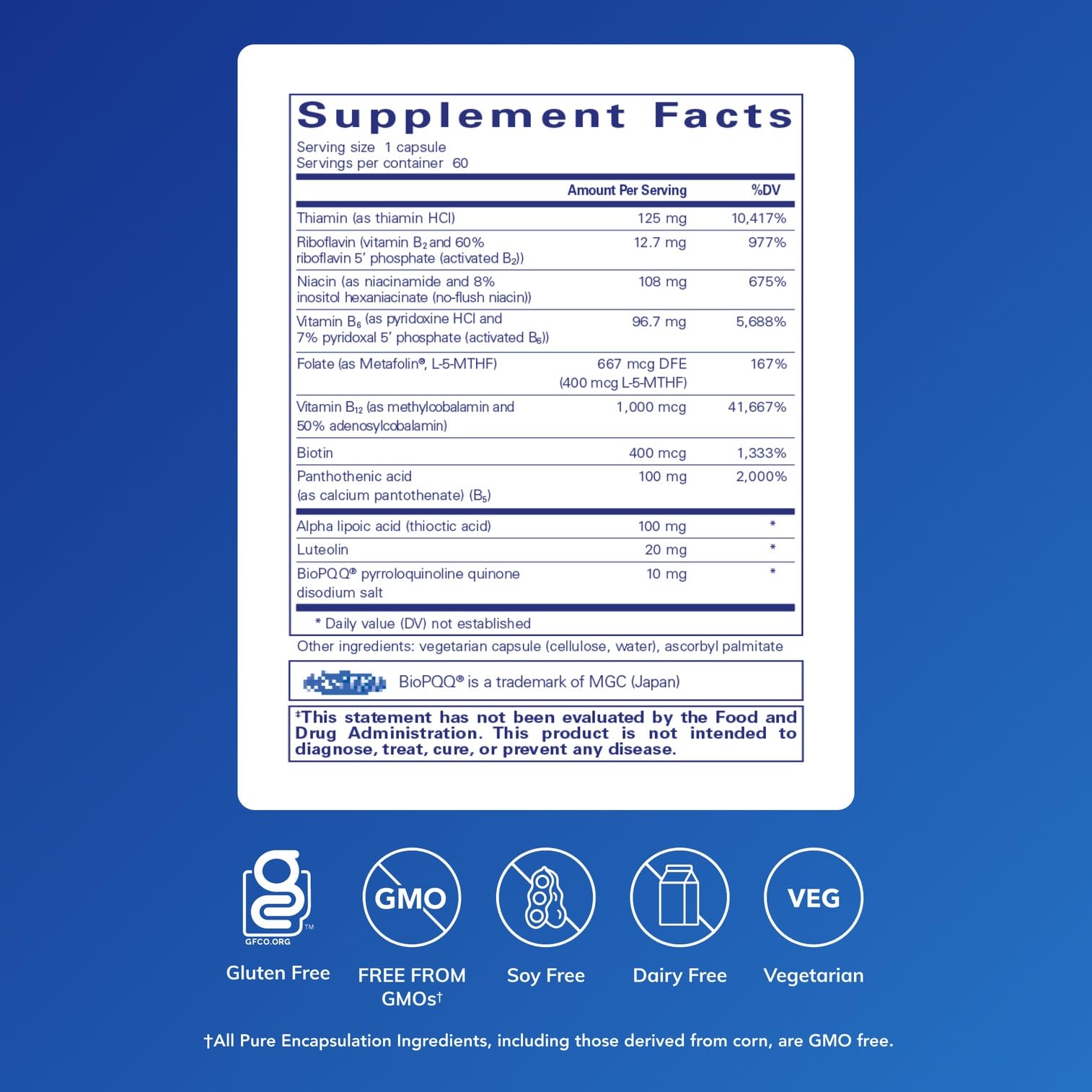 Pure Encapsulations Ultra B-Complex with PQQ bottle label closeup showing purity and ingredients
