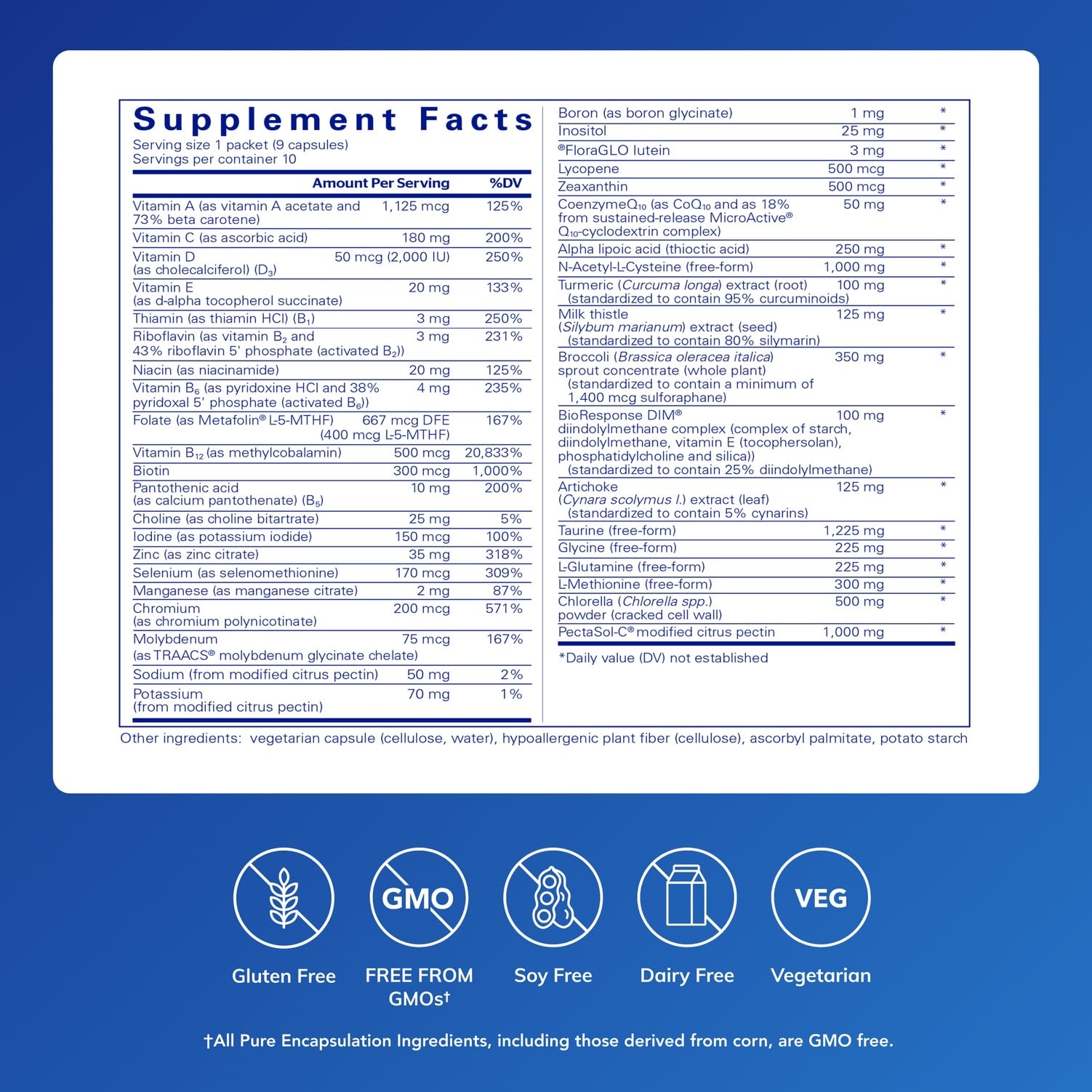Pure Encapsulations Ultradetox 10-Day Pack bottle side reveals label with nutrient details for informed dosing.