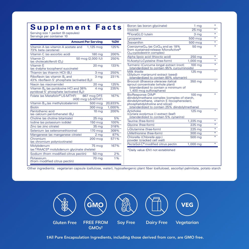 Pure Encapsulations Ultradetox 10-Day Pack bottle side reveals label with nutrient details for informed dosing.
