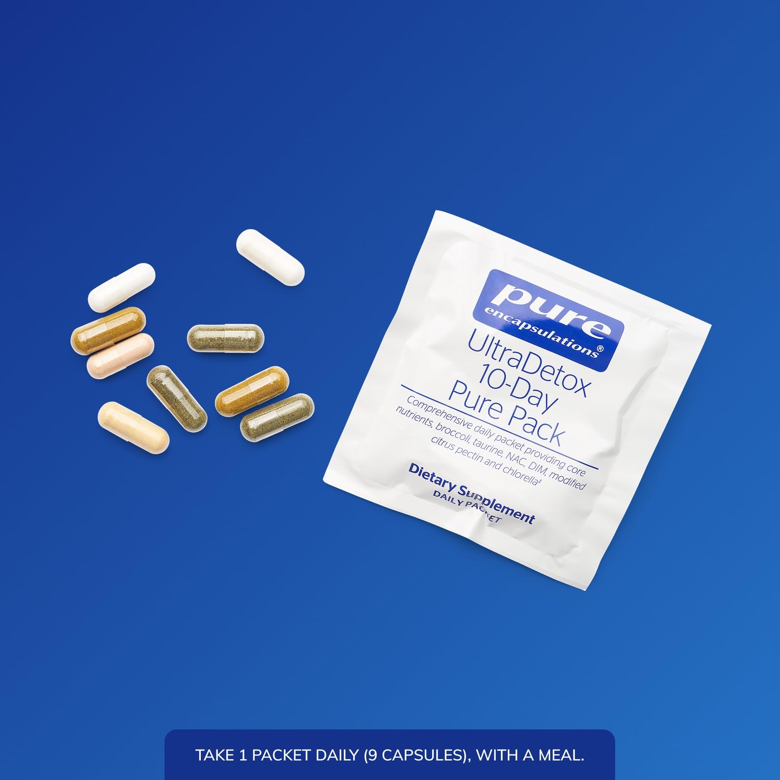 Pure Encapsulations Ultradetox 10-Day Pack label closeup highlights purity and allergen-free formula.