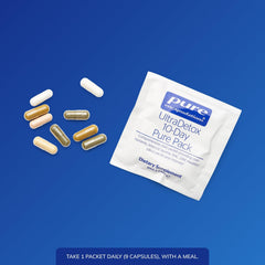 Pure Encapsulations Ultradetox 10-Day Pack label closeup highlights purity and allergen-free formula.