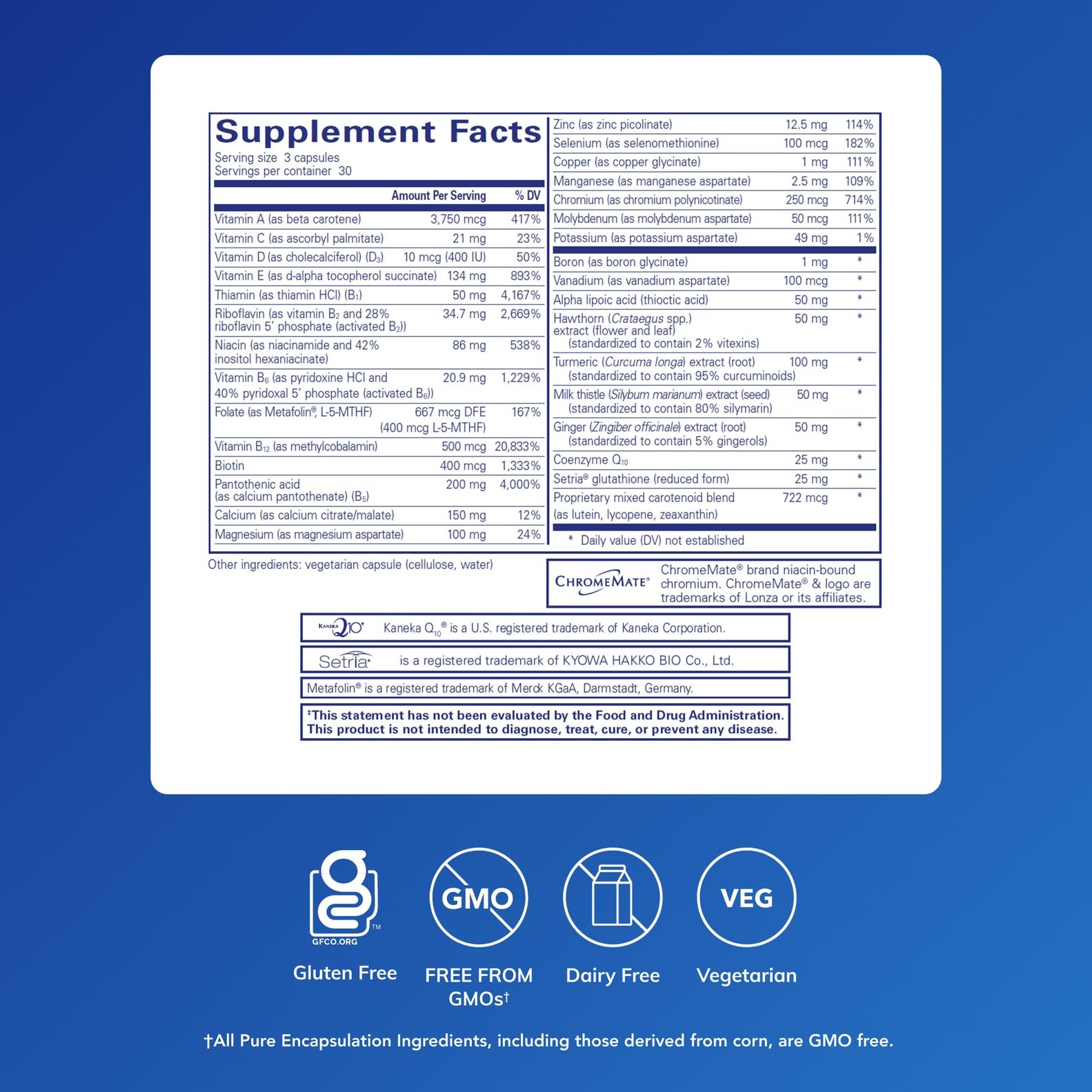 Pure Encapsulations UltraNutrient capsules closeup shows an iron-free multivitamin for daily antioxidant support.