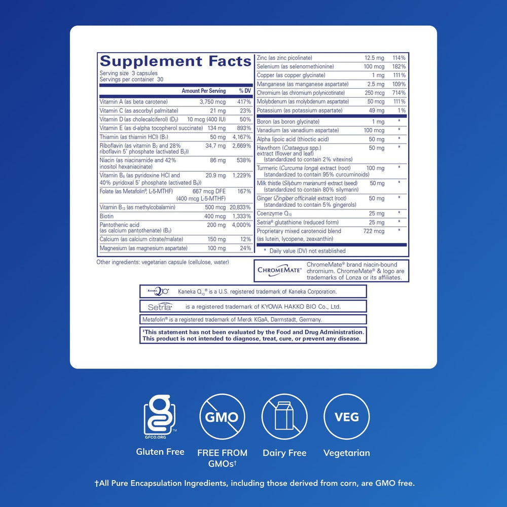 Pure Encapsulations UltraNutrient capsules closeup shows an iron-free multivitamin for daily antioxidant support.