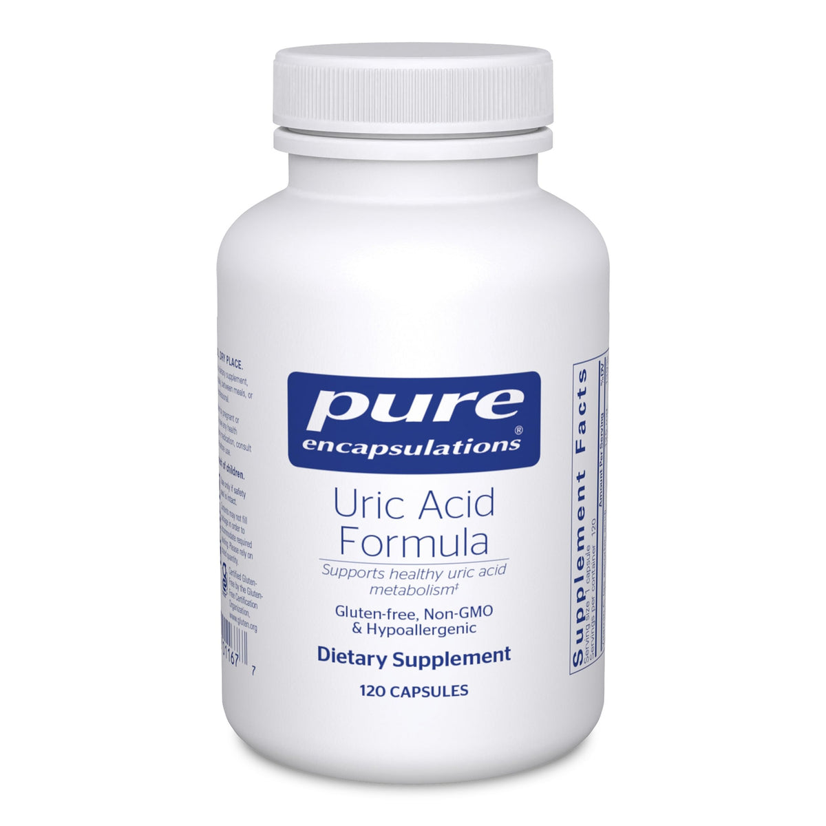 Pure Encapsulations Uric Acid Formula bottle shows premium hypoallergenic supplement for healthy metabolism.