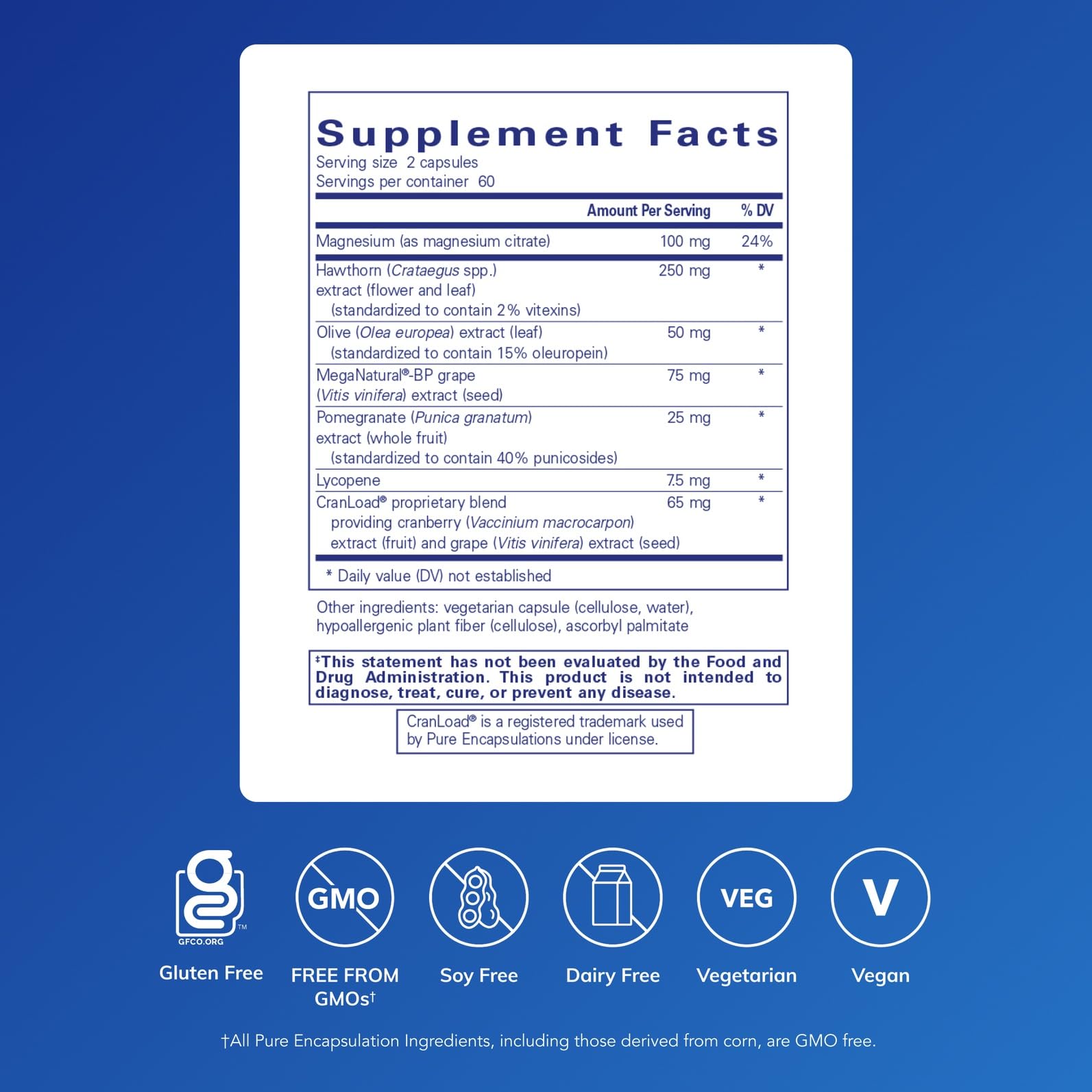 Pure Encapsulations Vascular Relax label close-up, hypoallergenic formula detail.