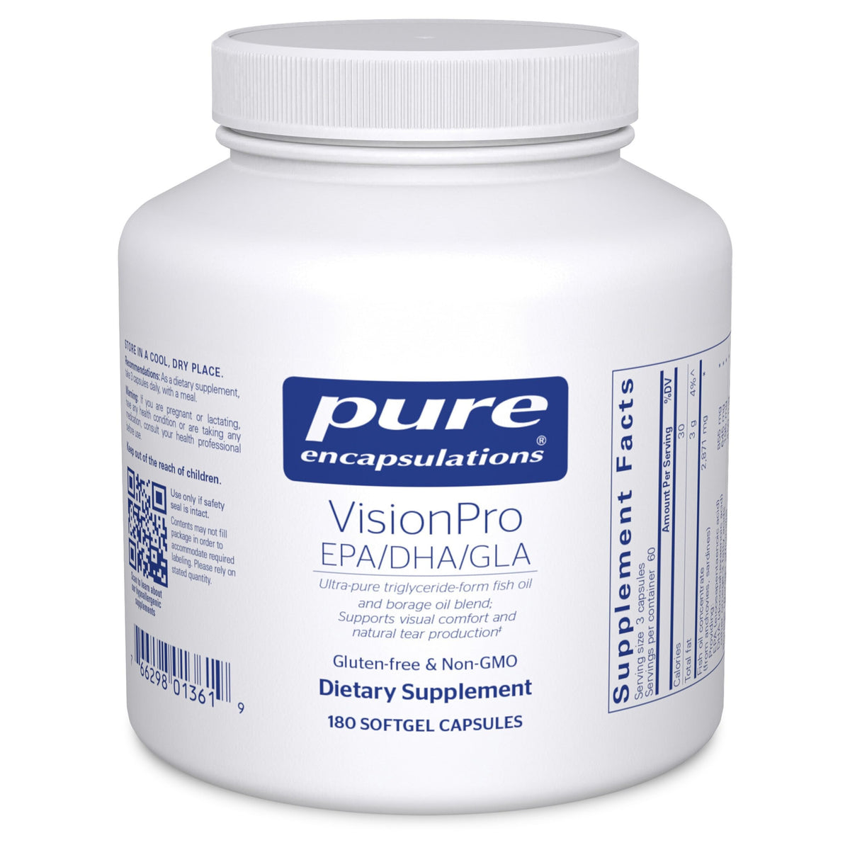 Pure Encapsulations VisionPro bottle labeled with EPA/DHA/GLA for eye support