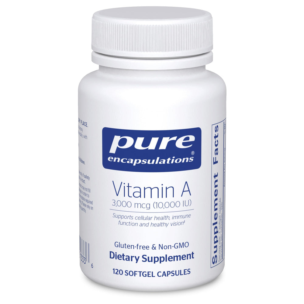 Pure Encapsulations Vitamin A 3000mcg cod liver oil softgel bottle showing potency and ease of daily use