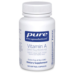 Pure Encapsulations Vitamin A 3000mcg cod liver oil softgel bottle showing potency and ease of daily use