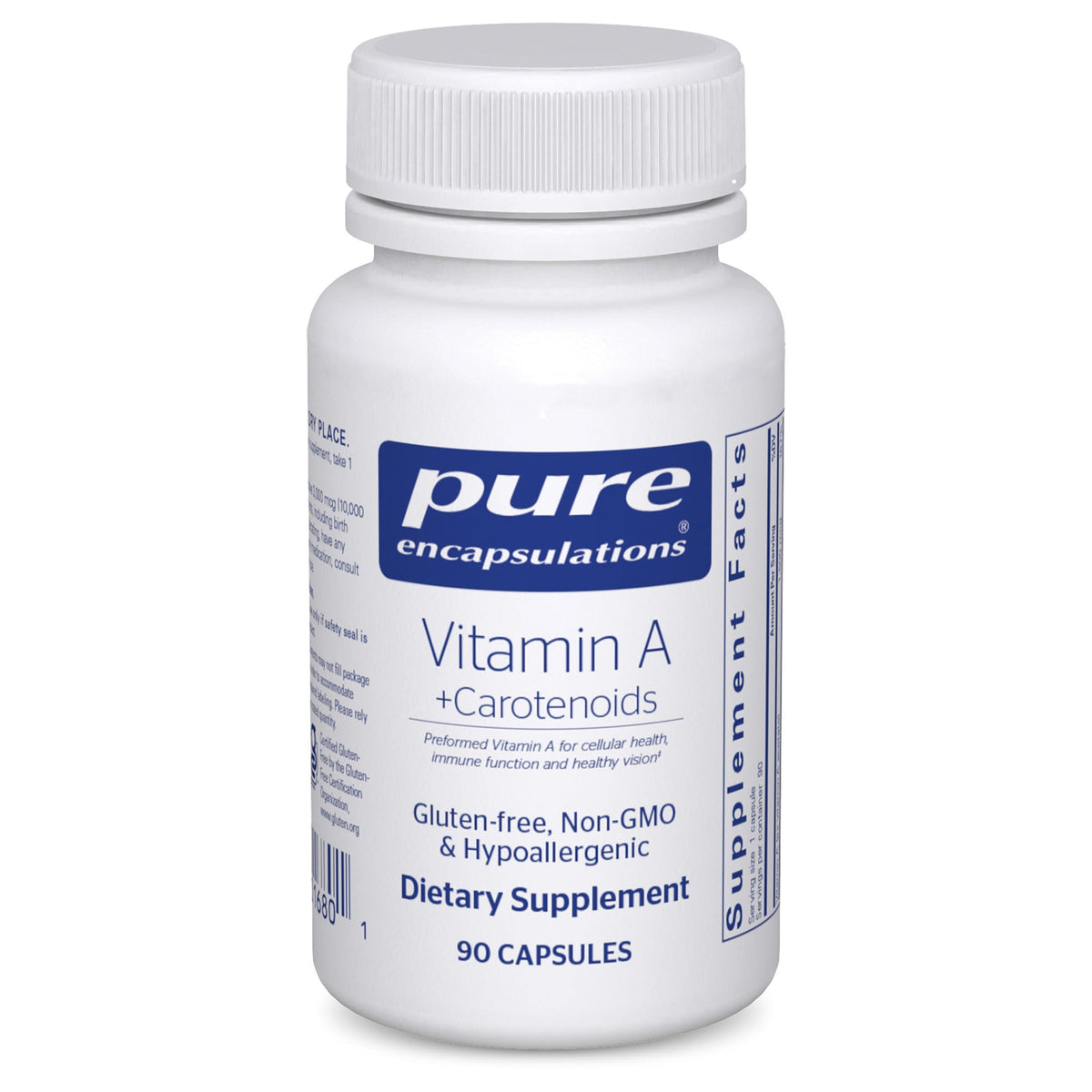Pure Encapsulations Vitamin A Carotenoids bottle front showing hypoallergenic eye health formula